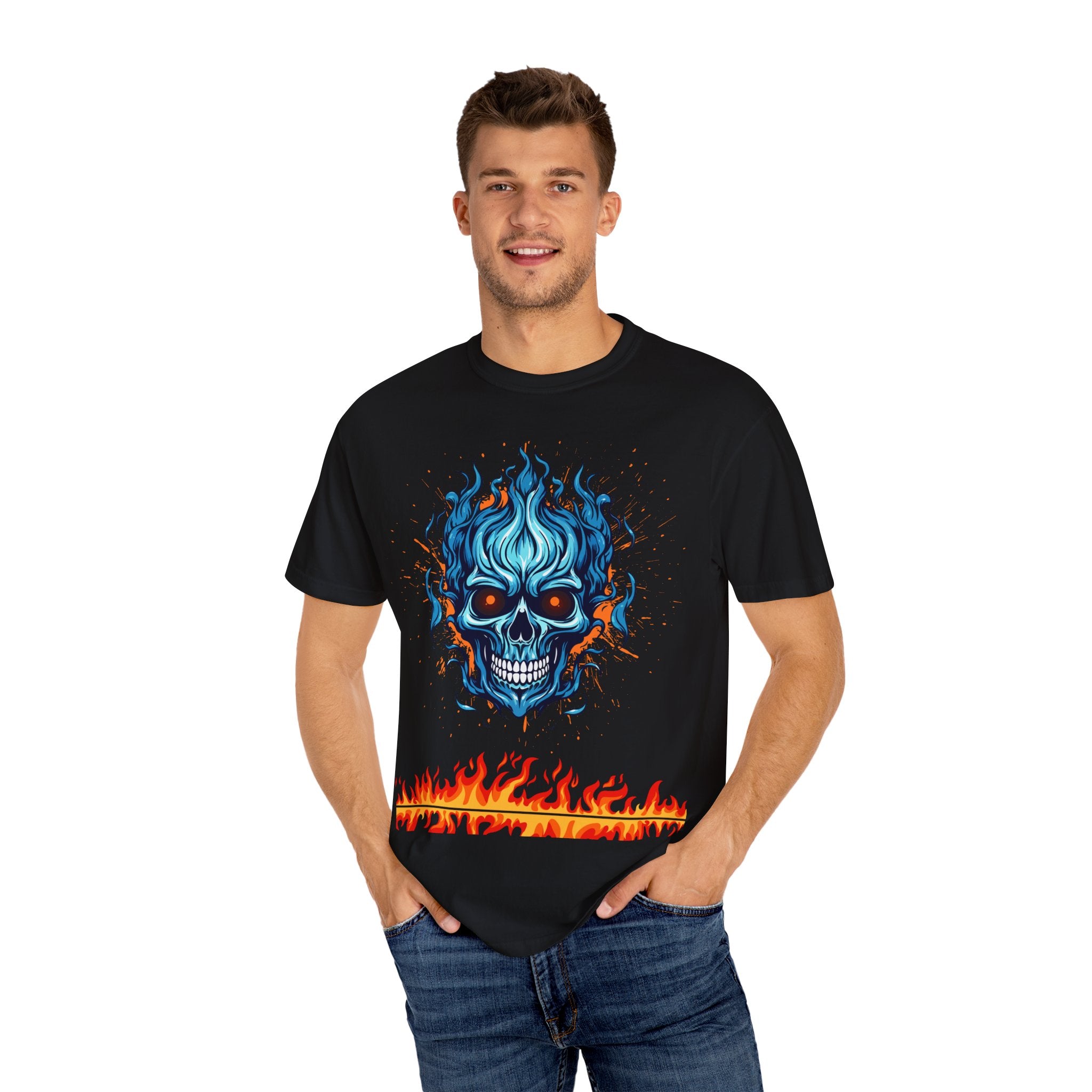 Chic Skull Flame T-shirt for Bold Style Lovers | Cool Graphic Tee for Music Festivals, Casual Wear, Gifts, and Halloween