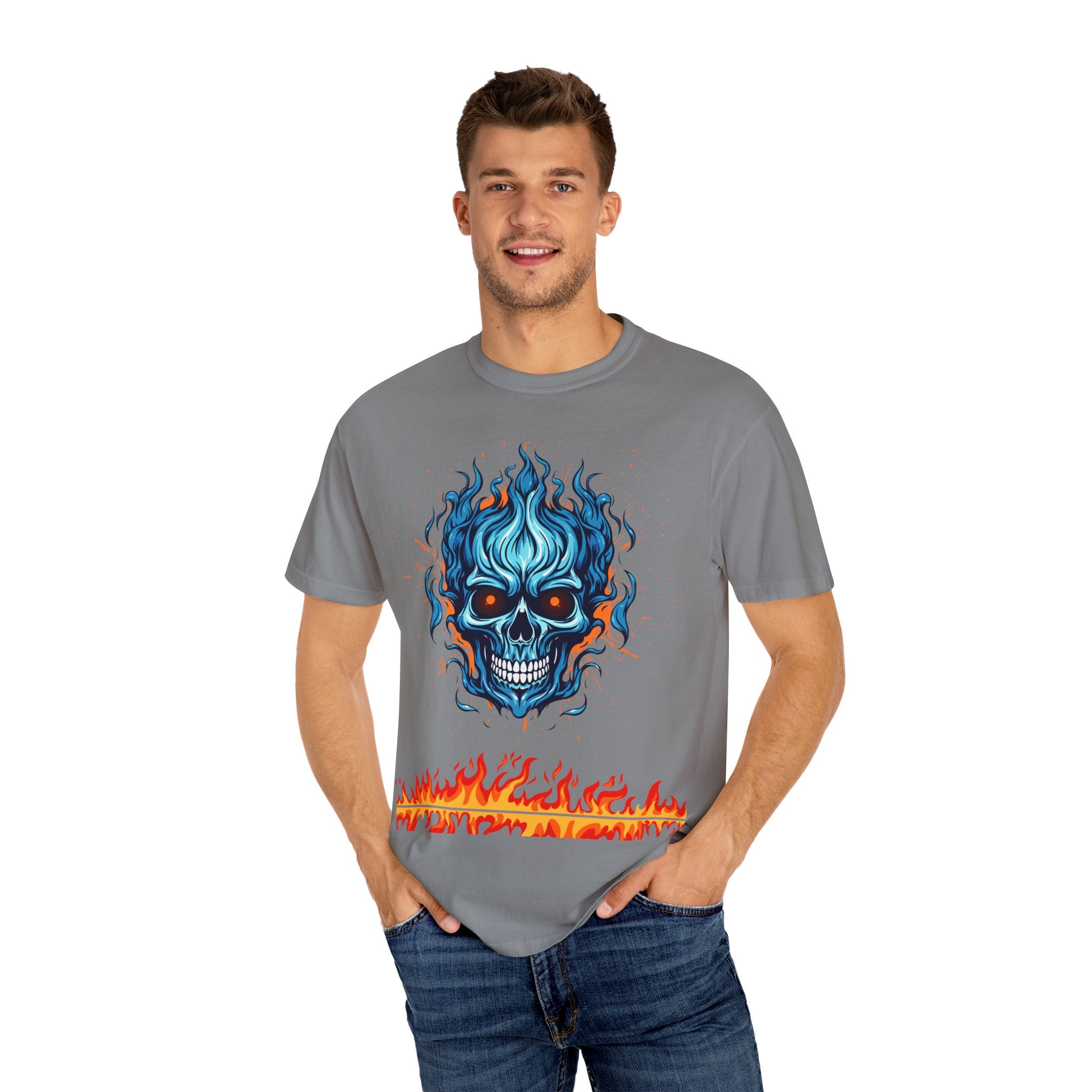 Chic Skull Flame T-shirt for Bold Style Lovers | Cool Graphic Tee for Music Festivals, Casual Wear, Gifts, and Halloween