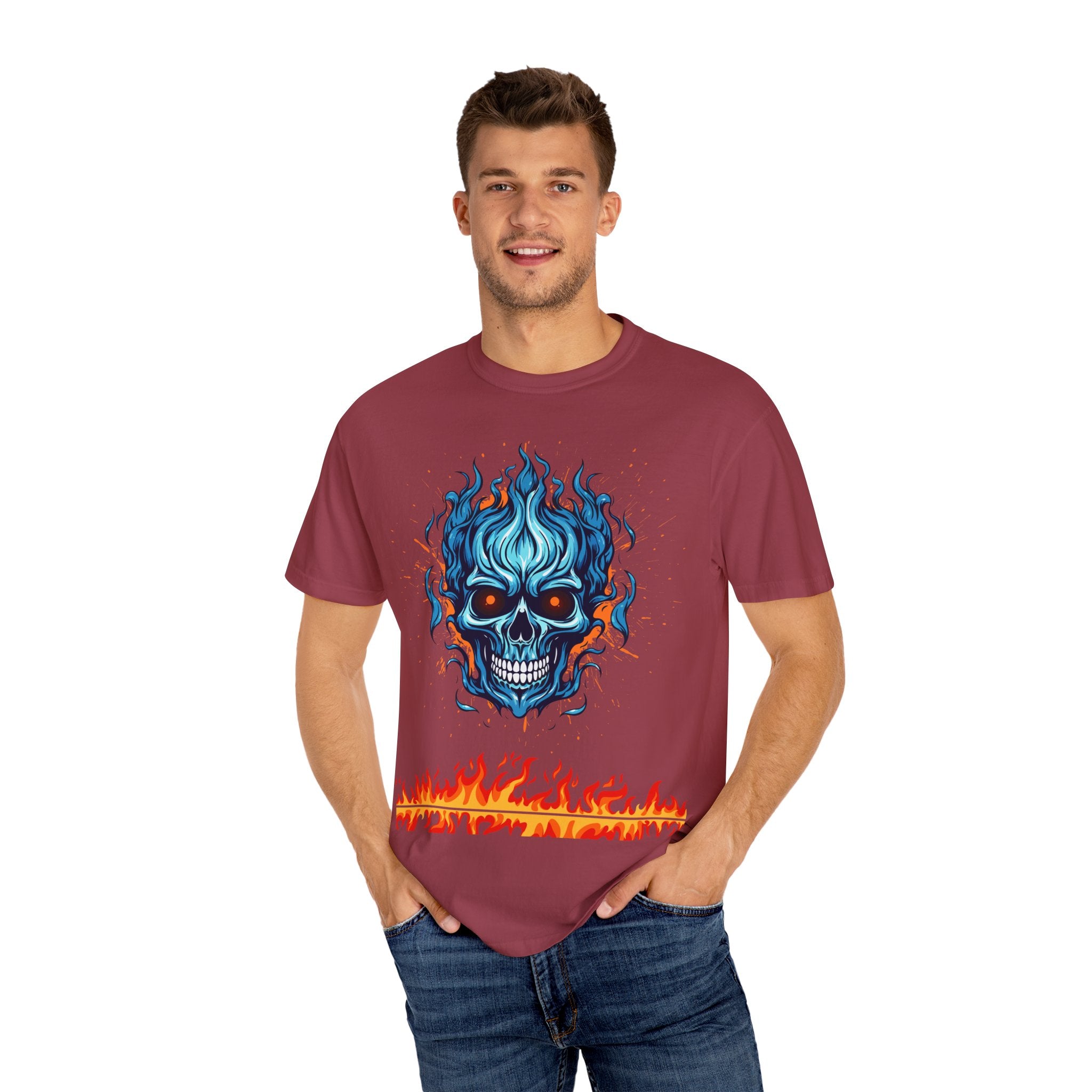 Chic Skull Flame T-shirt for Bold Style Lovers | Cool Graphic Tee for Music Festivals, Casual Wear, Gifts, and Halloween