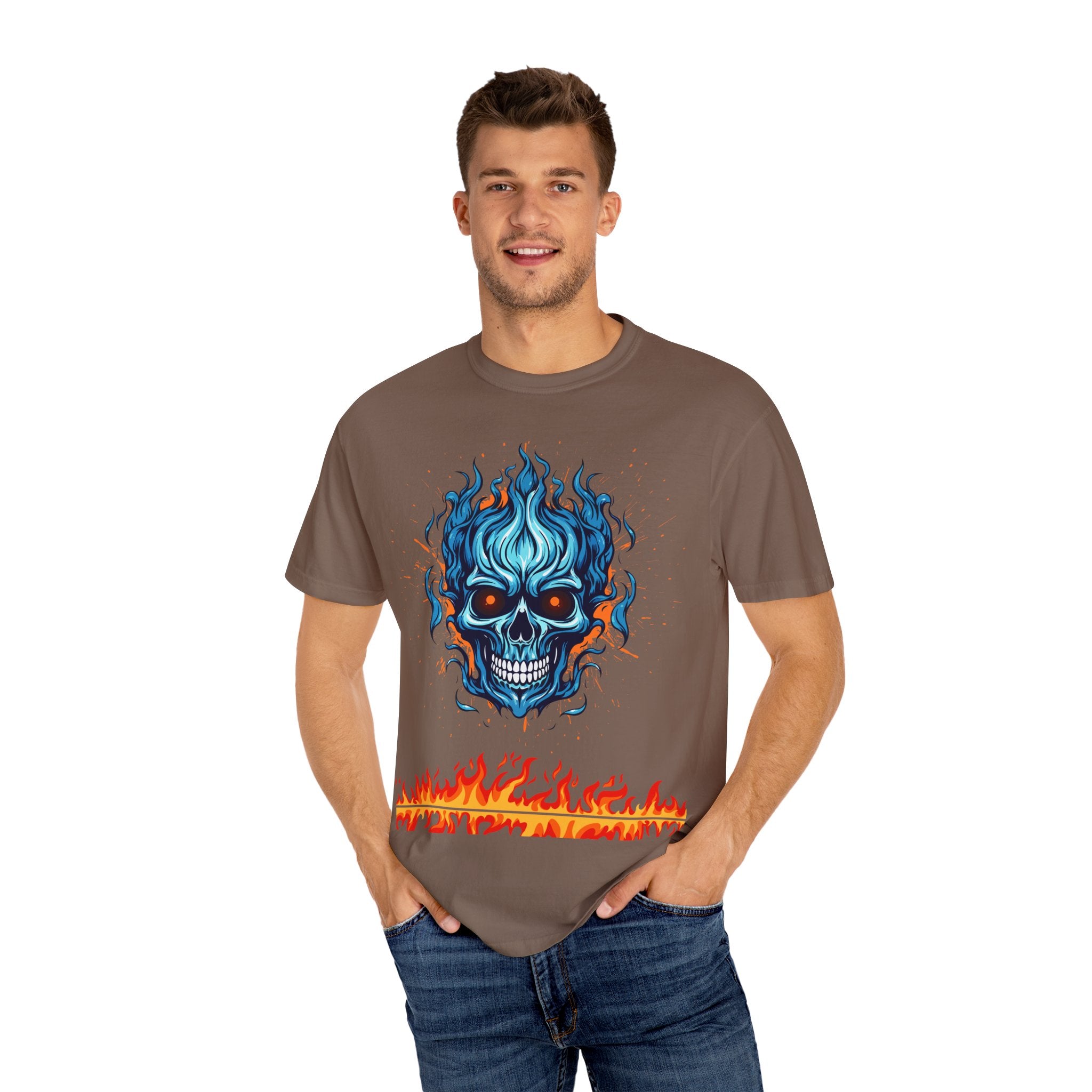 Chic Skull Flame T-shirt for Bold Style Lovers | Cool Graphic Tee for Music Festivals, Casual Wear, Gifts, and Halloween