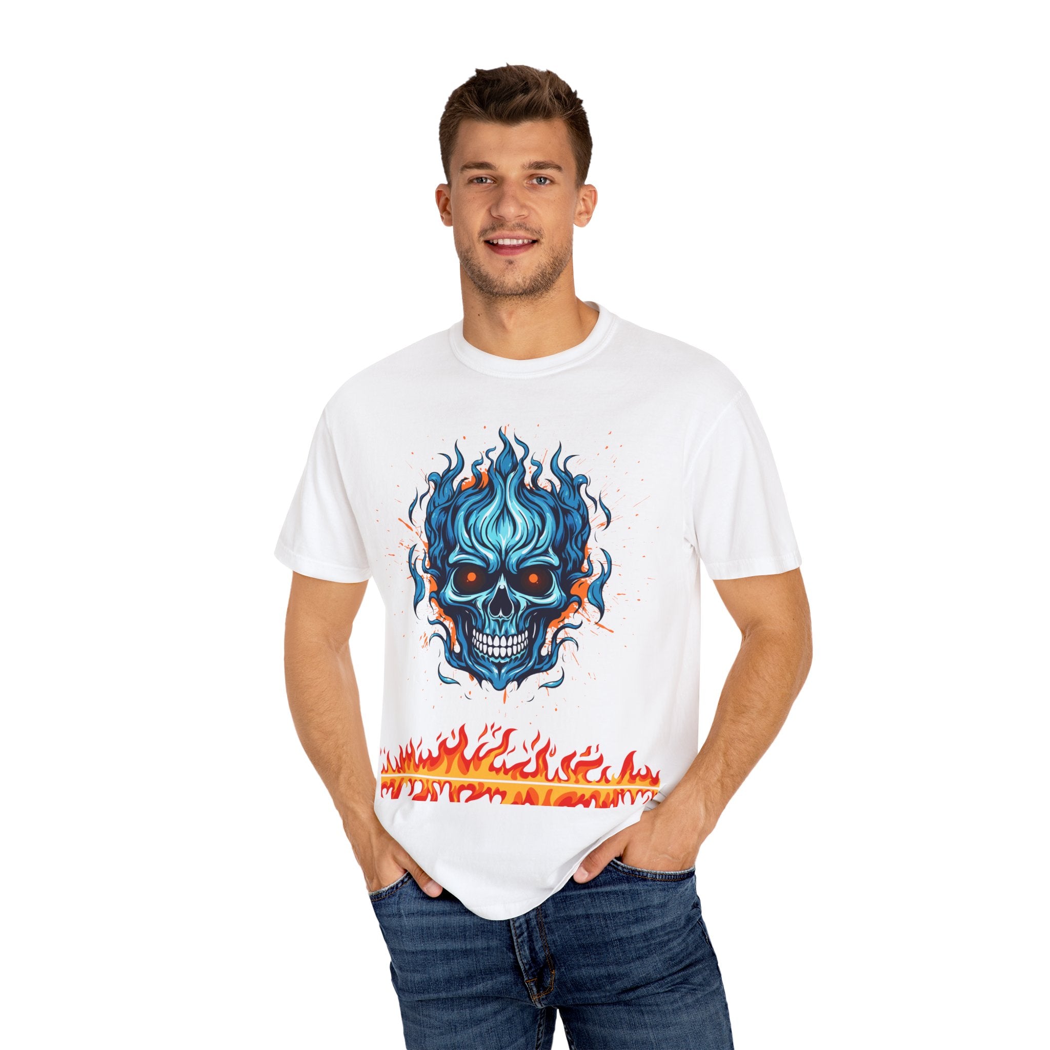 Chic Skull Flame T-shirt for Bold Style Lovers | Cool Graphic Tee for Music Festivals, Casual Wear, Gifts, and Halloween