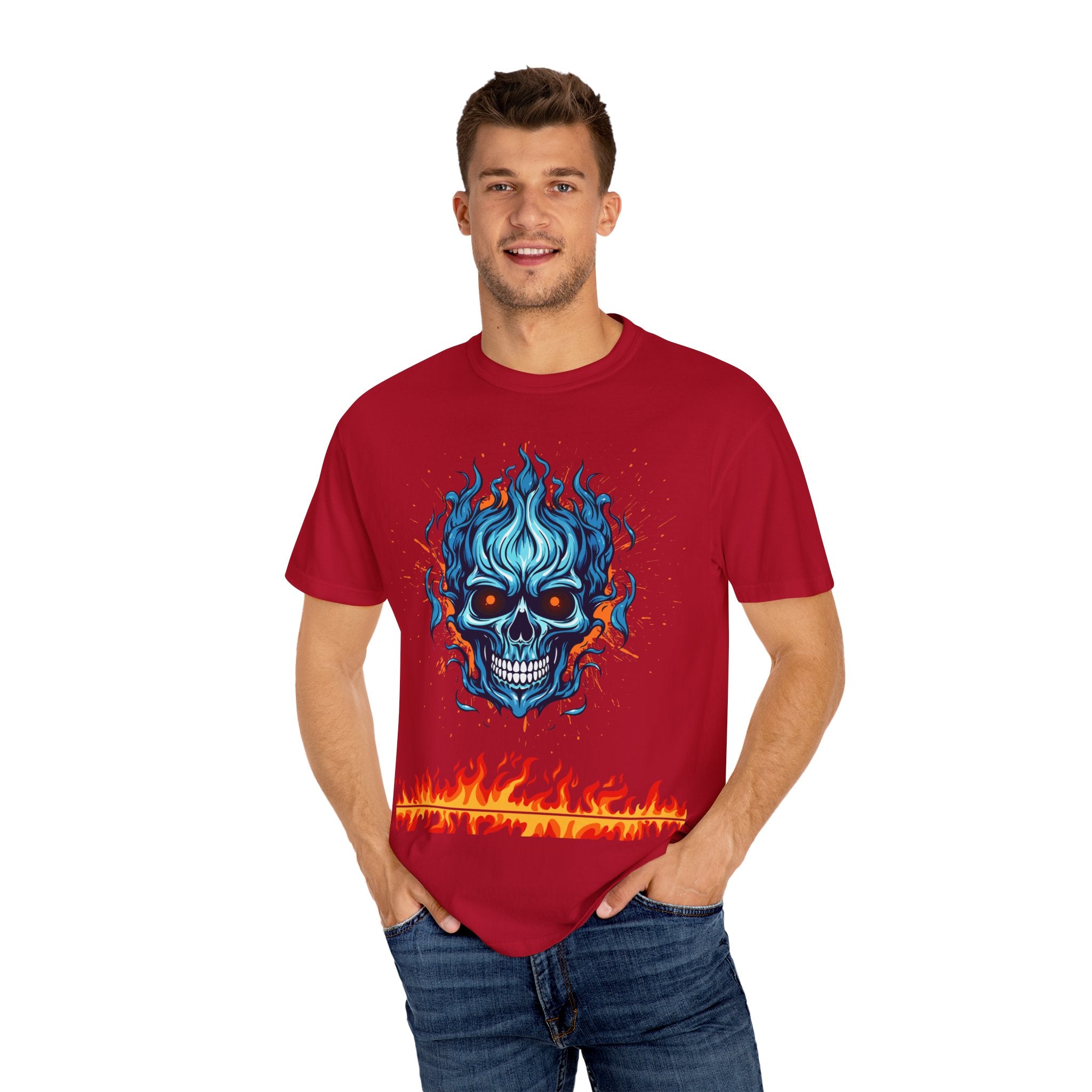 Chic Skull Flame T-shirt for Bold Style Lovers | Cool Graphic Tee for Music Festivals, Casual Wear, Gifts, and Halloween