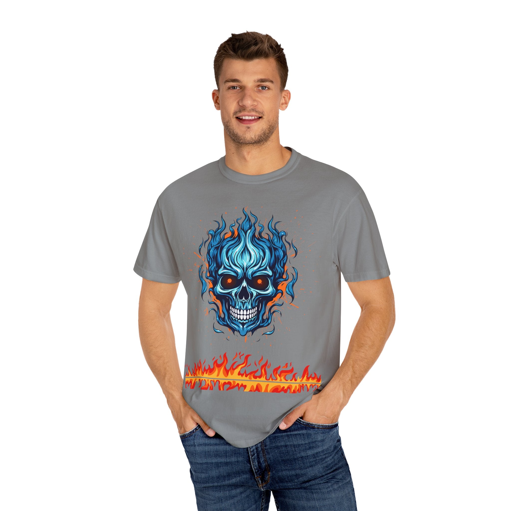 Chic Skull Flame T-shirt for Bold Style Lovers | Cool Graphic Tee for Music Festivals, Casual Wear, Gifts, and Halloween