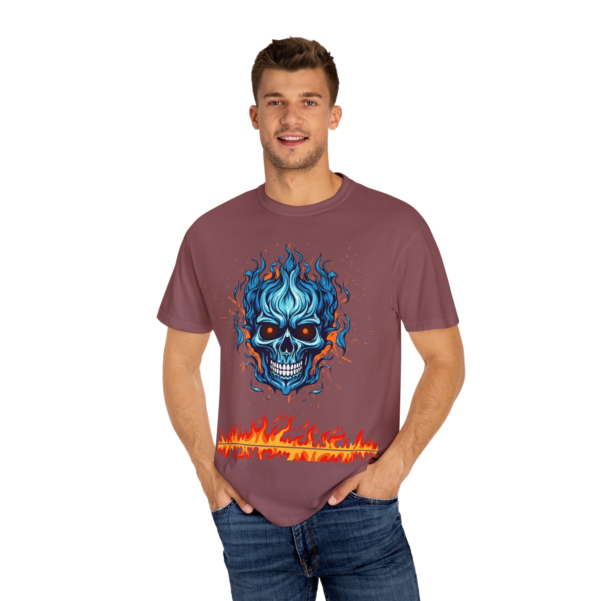 Chic Skull Flame T-shirt for Bold Style Lovers | Cool Graphic Tee for Music Festivals, Casual Wear, Gifts, and Halloween