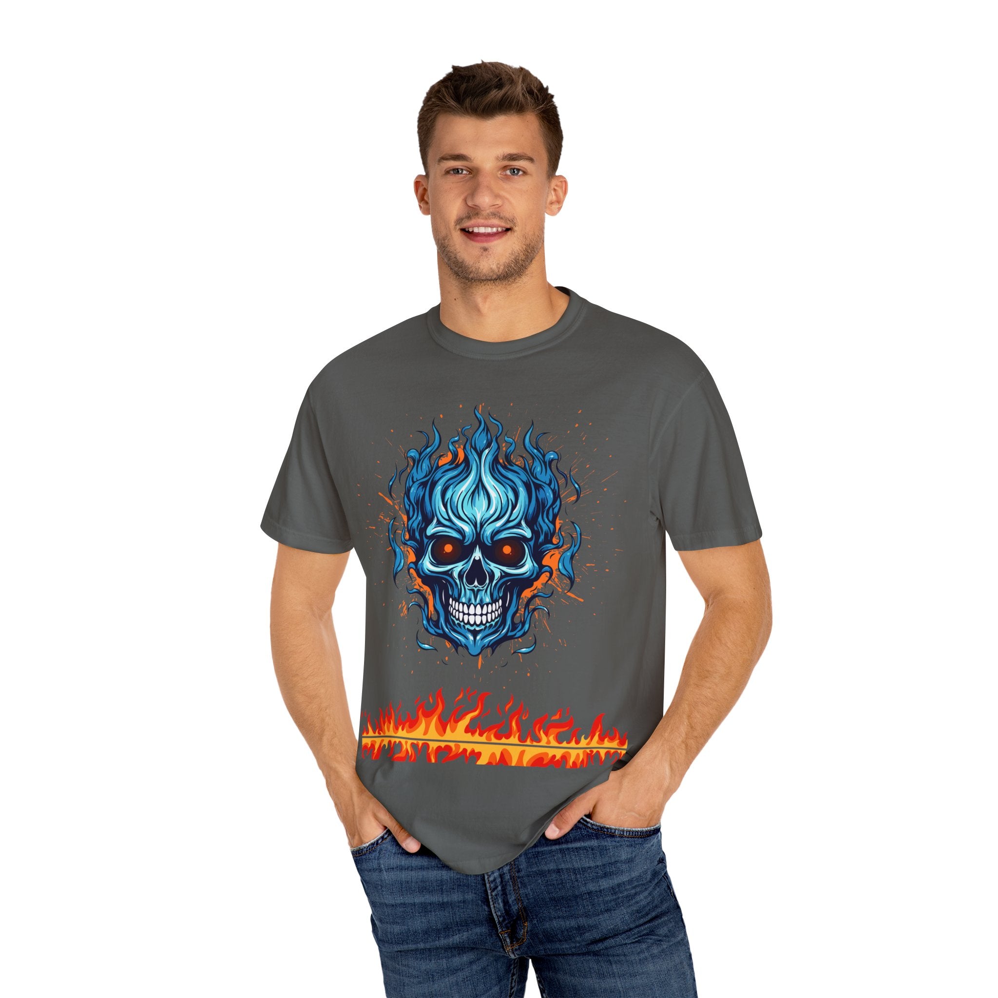Chic Skull Flame T-shirt for Bold Style Lovers | Cool Graphic Tee for Music Festivals, Casual Wear, Gifts, and Halloween
