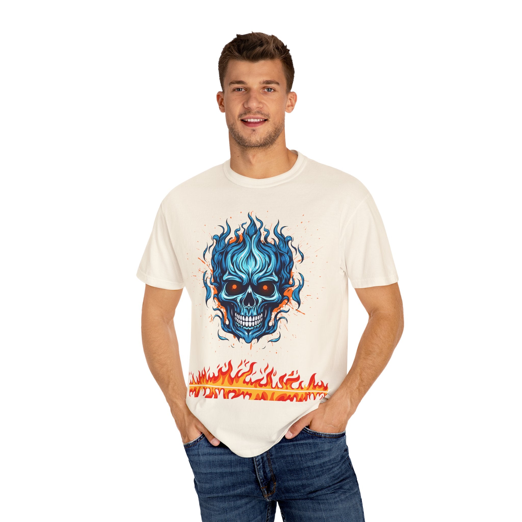 Chic Skull Flame T-shirt for Bold Style Lovers | Cool Graphic Tee for Music Festivals, Casual Wear, Gifts, and Halloween