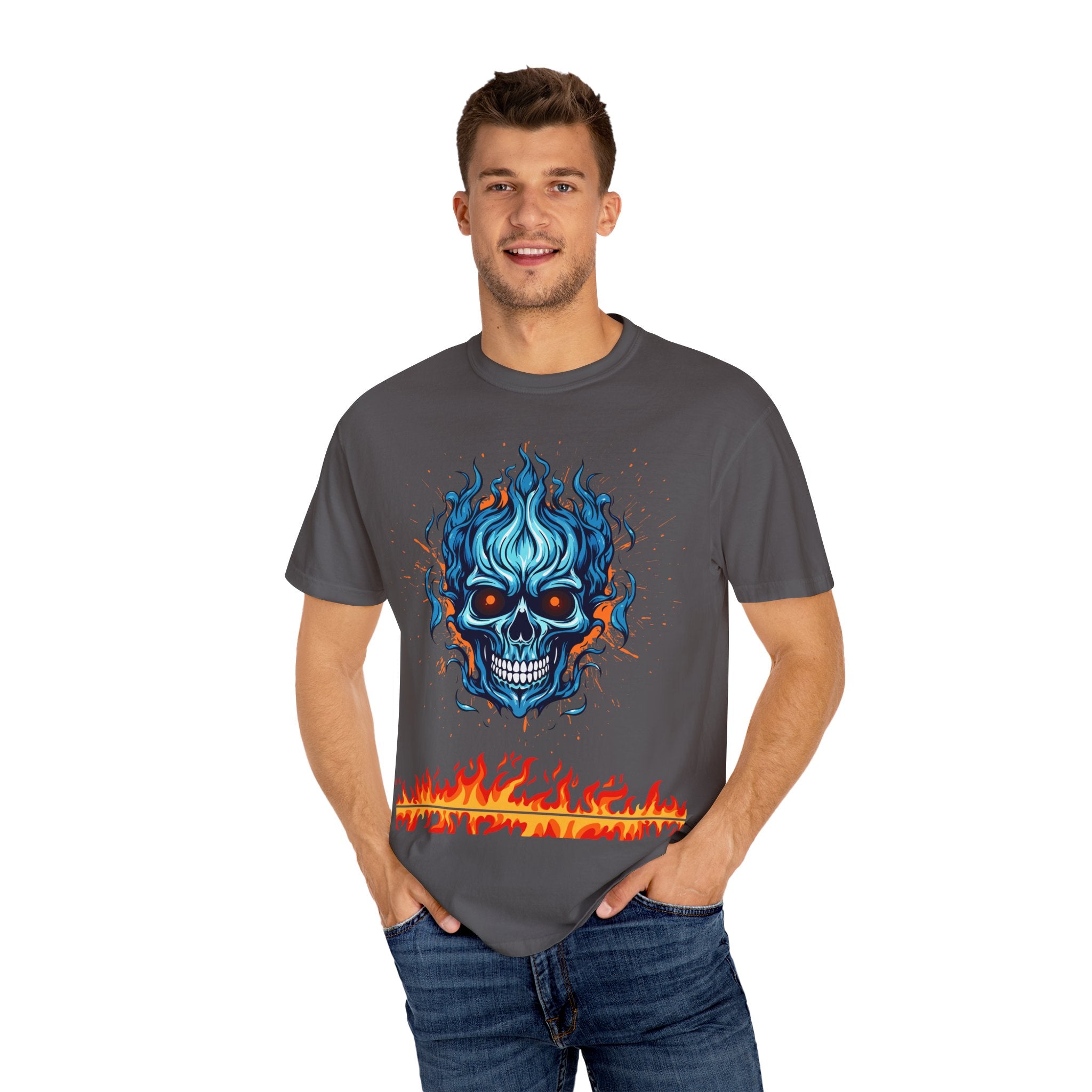 Chic Skull Flame T-shirt for Bold Style Lovers | Cool Graphic Tee for Music Festivals, Casual Wear, Gifts, and Halloween