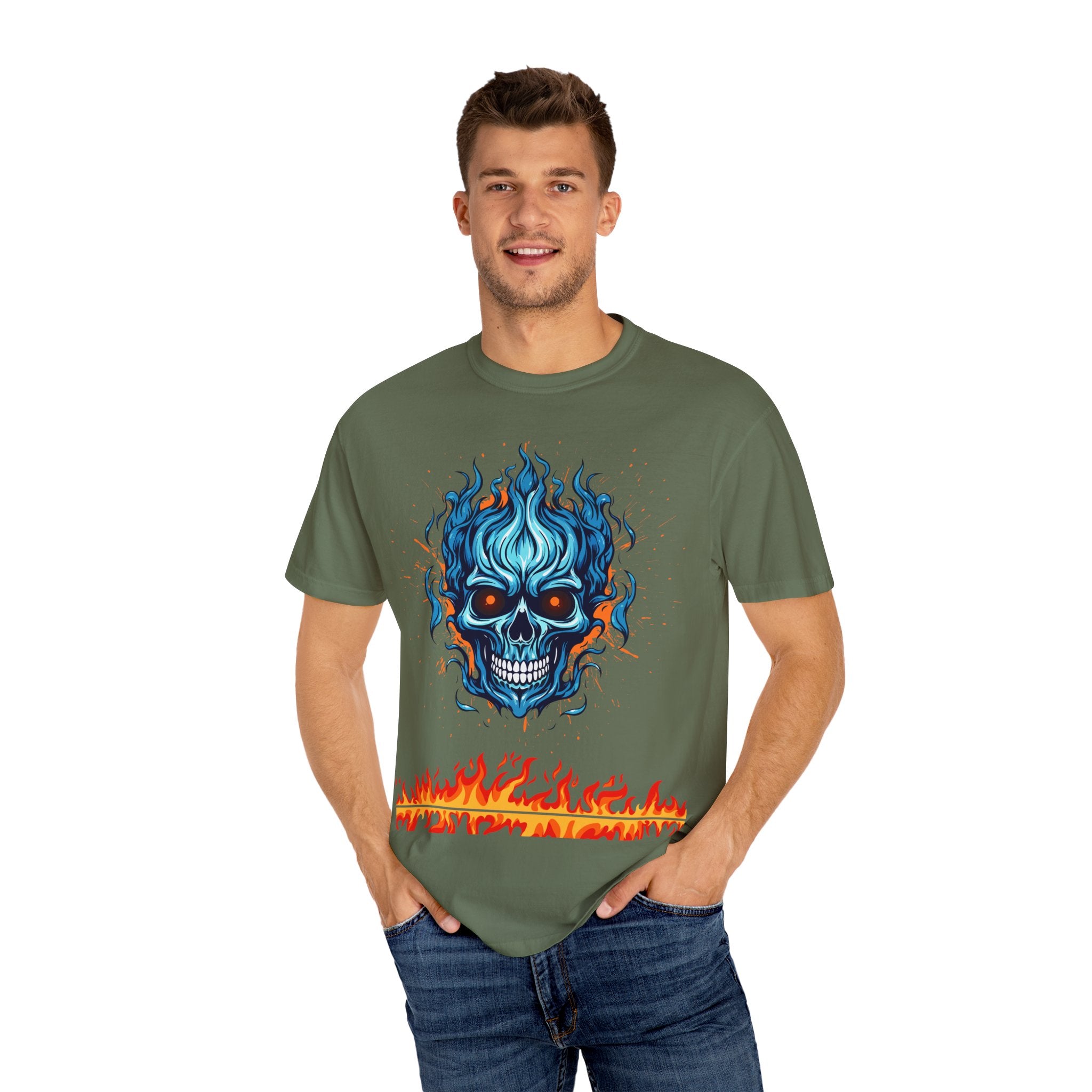 Chic Skull Flame T-shirt for Bold Style Lovers | Cool Graphic Tee for Music Festivals, Casual Wear, Gifts, and Halloween